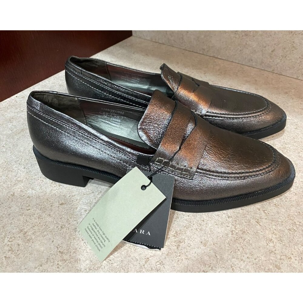 Metallic Leather Penny Loafers Sleek Womens Slip On Dress Shoes